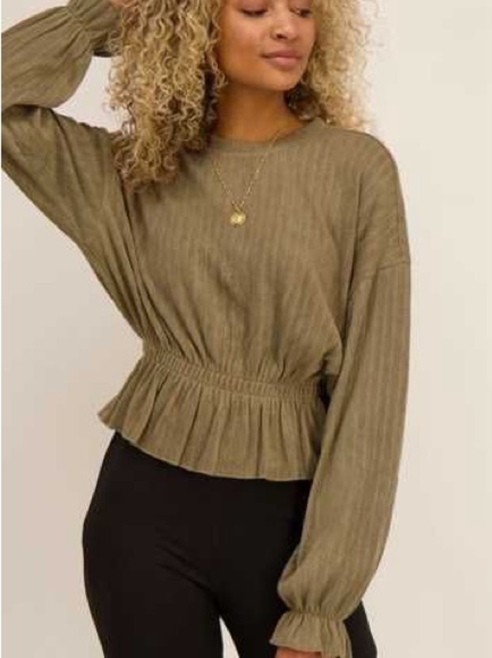 Zara Olive Ribbed Cinch-Waist Pullover